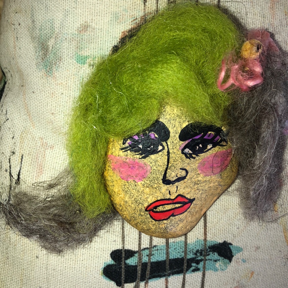 Stone Cold Faces, chartruce wool hair, sexy lips!